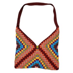 Vintage Hand Made Crochet Knit Granny Square Boho Y2k Retro Rainbow Purse Bag